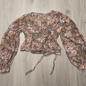 Free People Party Playlist Floral Wrap Crop Top - Balloon Sleeve - Size M